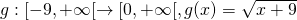 g:[-9,+\infty[ \rightarrow [0,+\infty[, g(x)=\sqrt{x+9}
